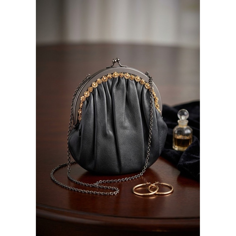 Santi Black Leather Frame Clutch Bag Gold Floral Trim Kiss Lock Evening Purse